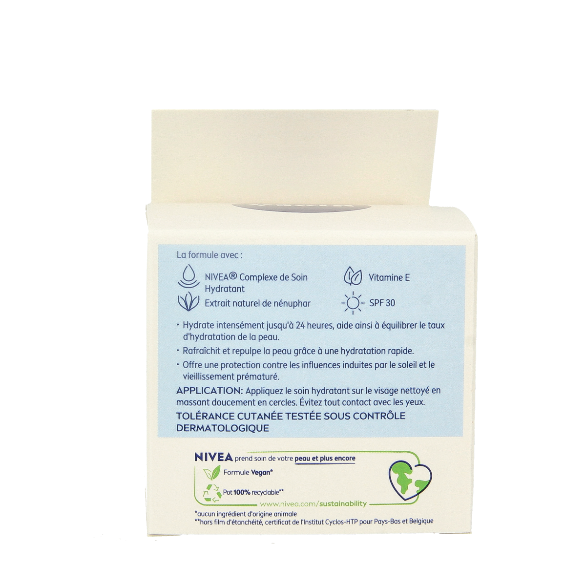 Nivea Essentials hydrating day cream for normal skin with SPF30, 50ml, facial skincare product in a white jar.