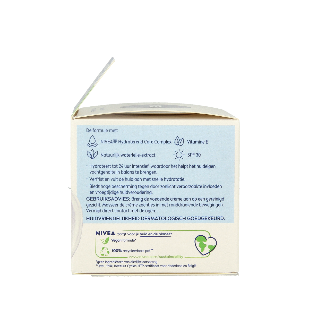 Nivea Essentials hydrating day cream for normal skin with SPF30, 50ml, in a white jar with blue accents.
