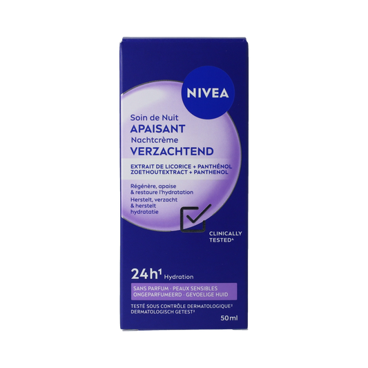 Nivea Nachtcème verzachtend 50ml gezichtverzorgingsproduct in een witte pot met blauwe en goudkleurige details