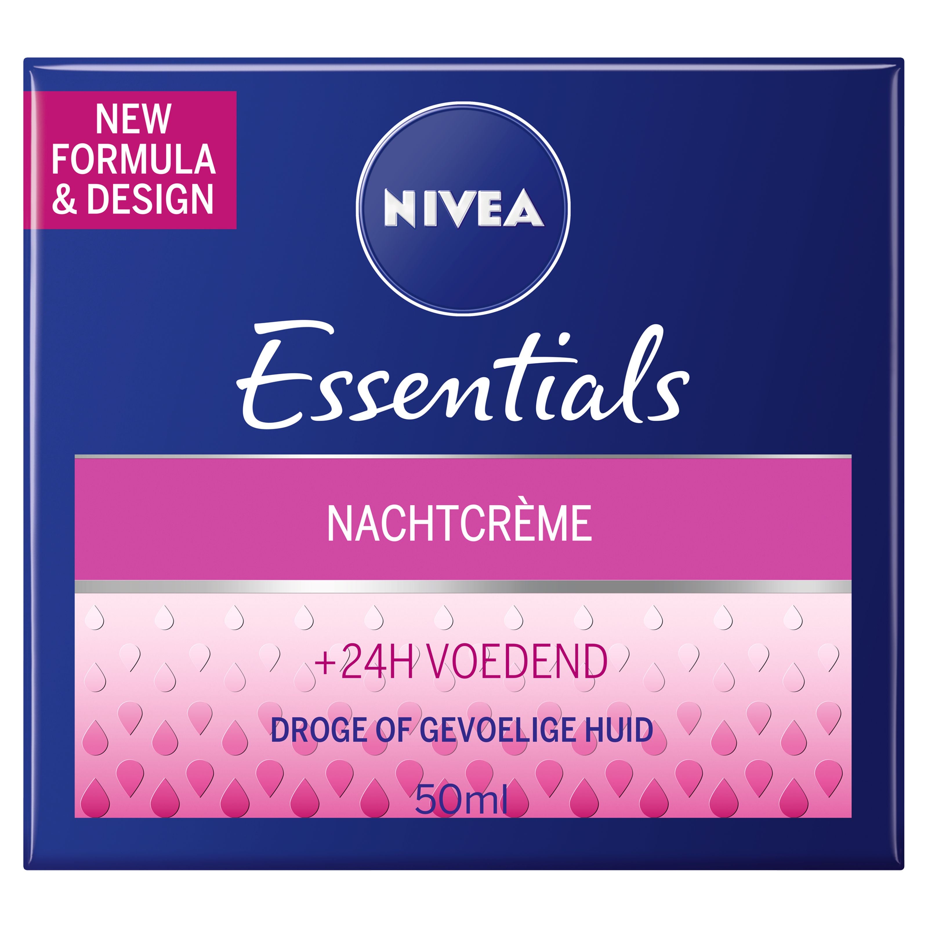 Nivea Essentials nachtcreme gezichtsverzorging in 50ml jar, herstellende nachtcrème for smooth skin, displayed with product label.