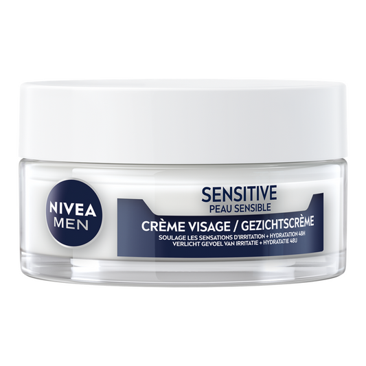 Nivea Men gezichtsverzorging sensitive gezichtscrème 50ml, hydraterende en kalmerende crème voor de gevoelige huid.