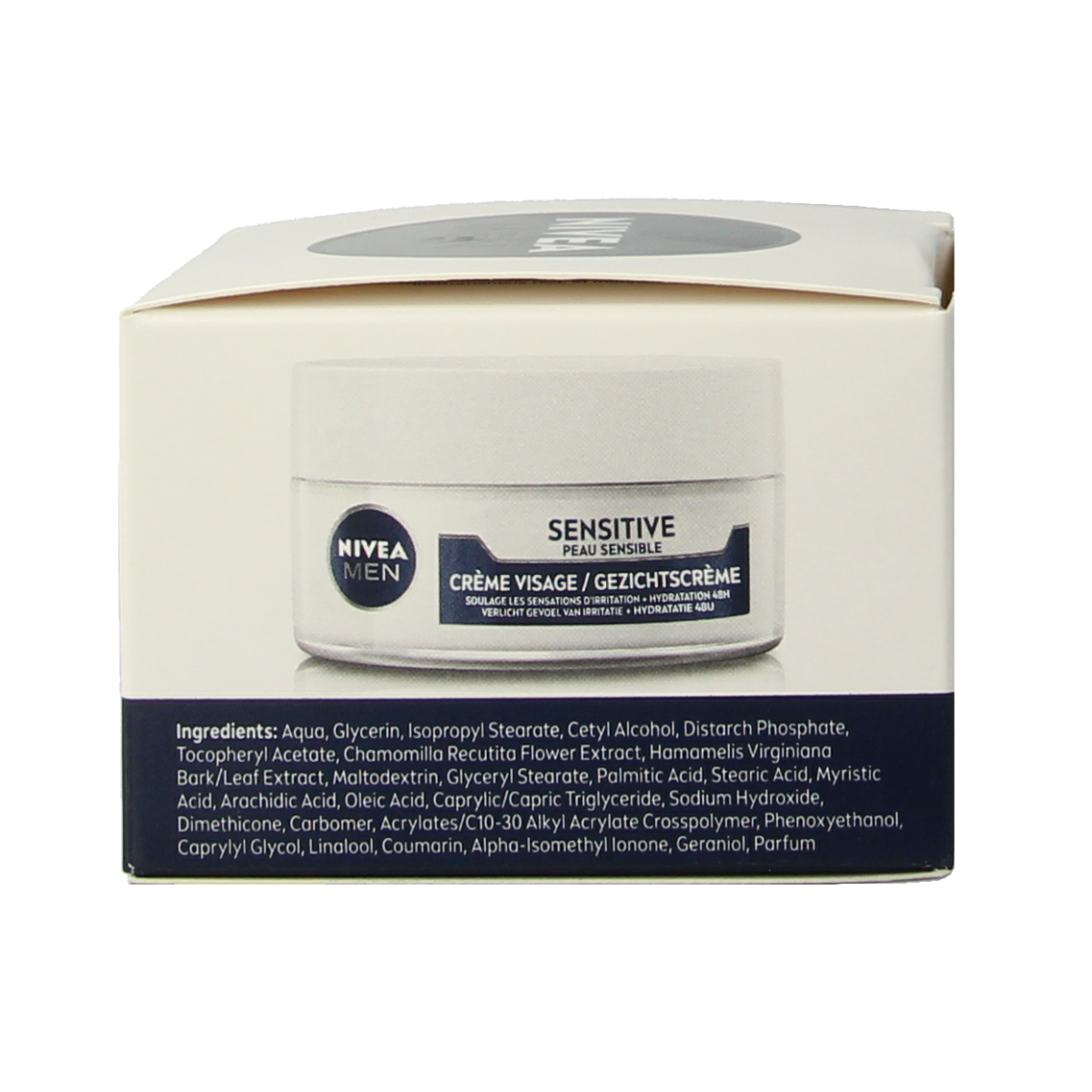 Nivea Men gezichtscreme sensitive tube, 50ml, facial skincare product for sensitive skin, with blue and white packaging.