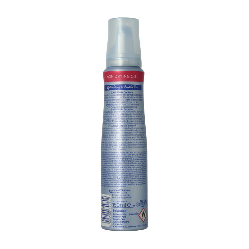 Nivea Hair Care Styling Mousse Color Protect, 150ml, with a foam bottle and pump for volumizing hair styling.