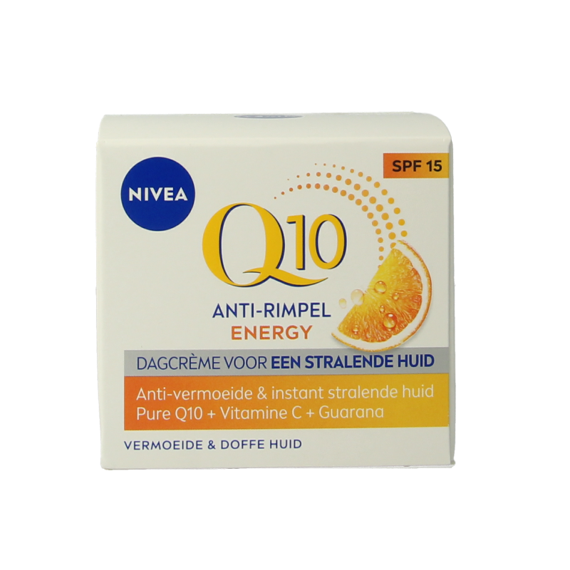 Nivea Q10 Energy anti-wrinkle day cream with SPF 15, 50ml, facial skincare showing the cream jar on a white background.