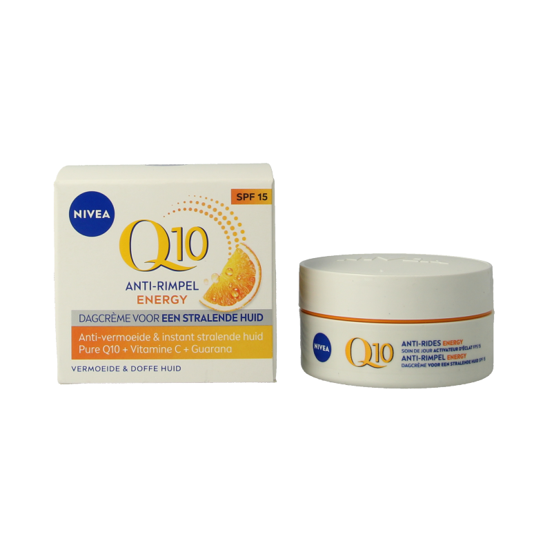 Nivea Q10 Energy anti-wrinkle facial cream with SPF 15 in a 50ml jar, suitable for daily skincare and anti-aging.