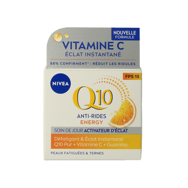 Nivea Q10 Energy anti-wrinkle face cream with SPF15 in 50ml jar, skincare product for youthful, radiant skin.