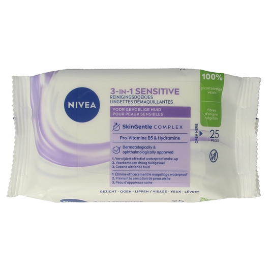 Nivea Sensitive facial cleansing wipes, 25-pack, gentle skincare product for sensitive skin, shown in the image.