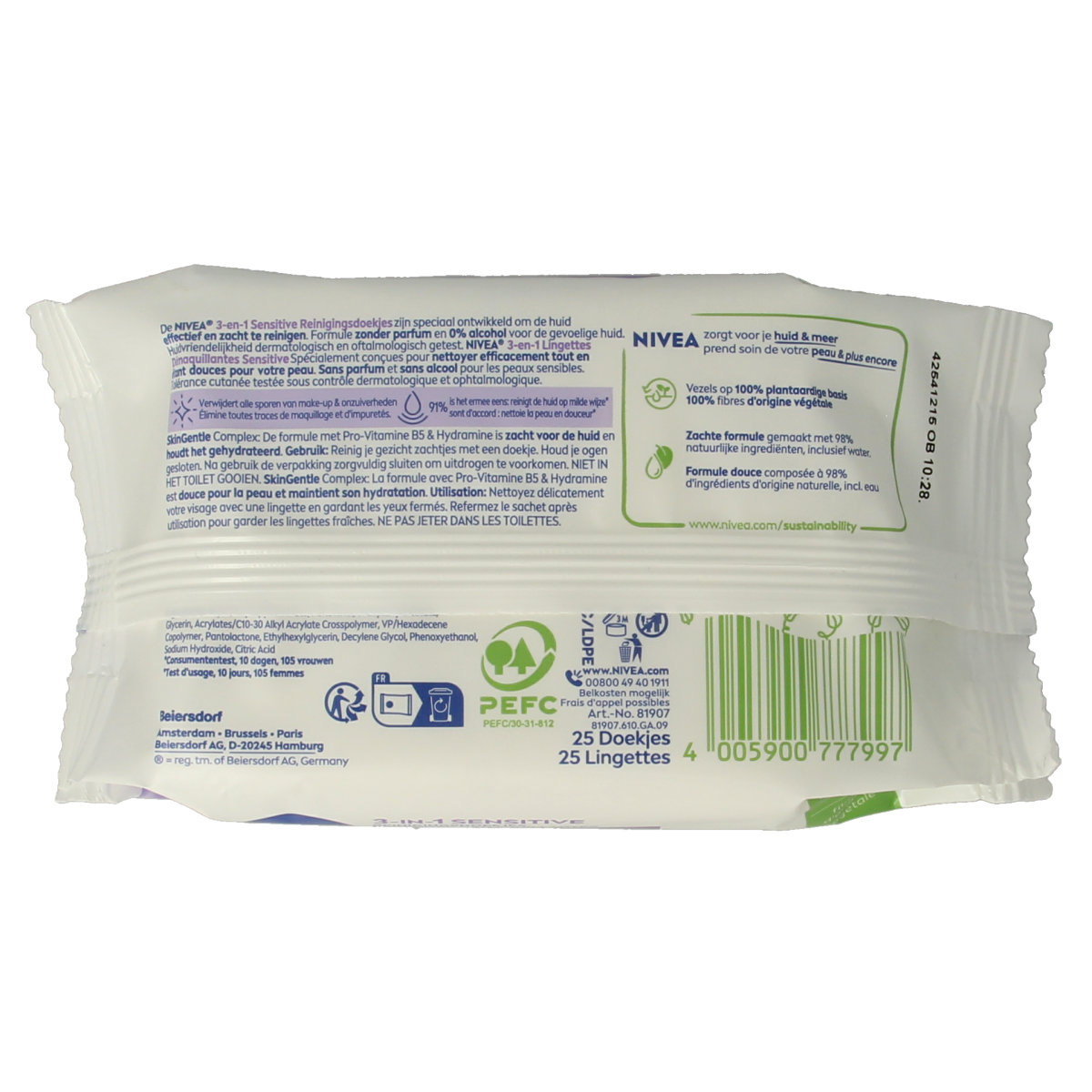 Nivea Sensitive facial cleansing wipes pack with 25 wipes, gentle skincare for sensitive skin in a white and blue package.