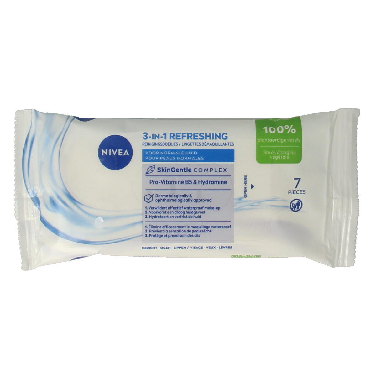 Nivea 3-in-1 refreshing face wipes mini pack with 7 sheets, ideal for cleansing and revitalizing the skin.