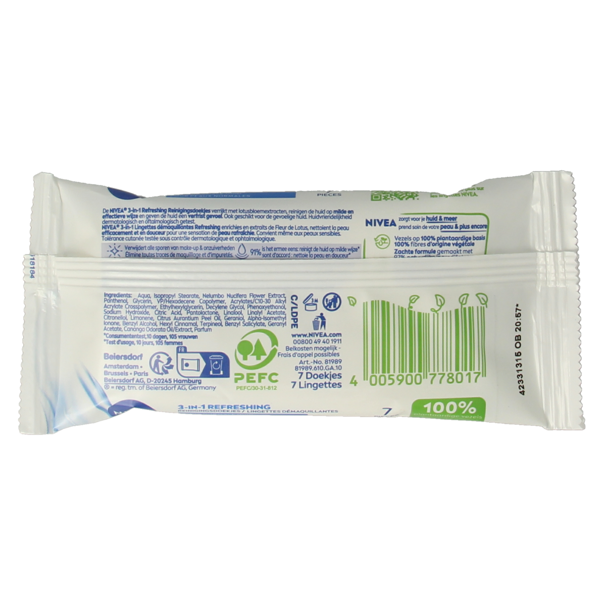 Nivea 3-in-1 refreshing facial cleansing wipes in a mini pack of 7, suitable for quick skincare and makeup removal.