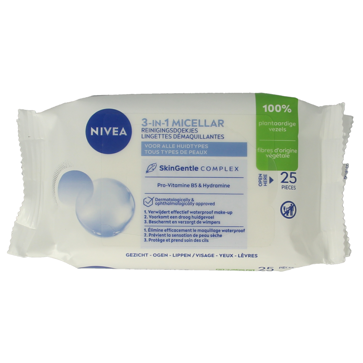 Nivea 3-in-1 verzorgende micellair reindoek, facial cleansing cloths, 25 pieces for gentle skincare.