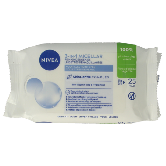 Nivea 3-in-1 verzorgende micellair reindoek, facial cleansing cloths, 25 pieces for gentle skincare.
