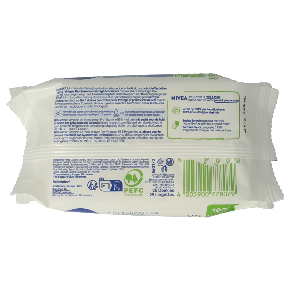 Nivea 3-in-1 verzorgende micellair reindoek for facial cleansing, pack of 25, soft cotton pads for skincare.