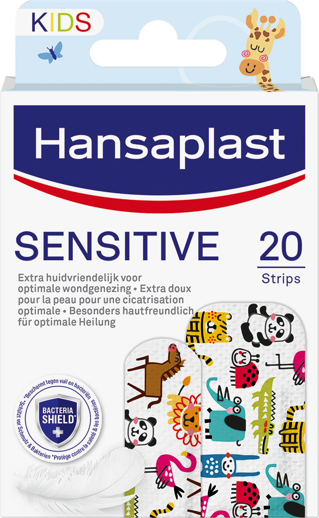 Hansaplast Sensitive kids adhesive plasters and tape, 20 pack, gentle bandages for children's skin, shown on a white background.