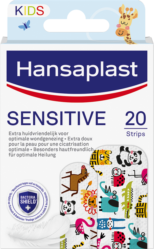 Hansaplast Sensitive kids adhesive plasters and tape, 20 pack, gentle bandages for children's skin, shown on a white background.