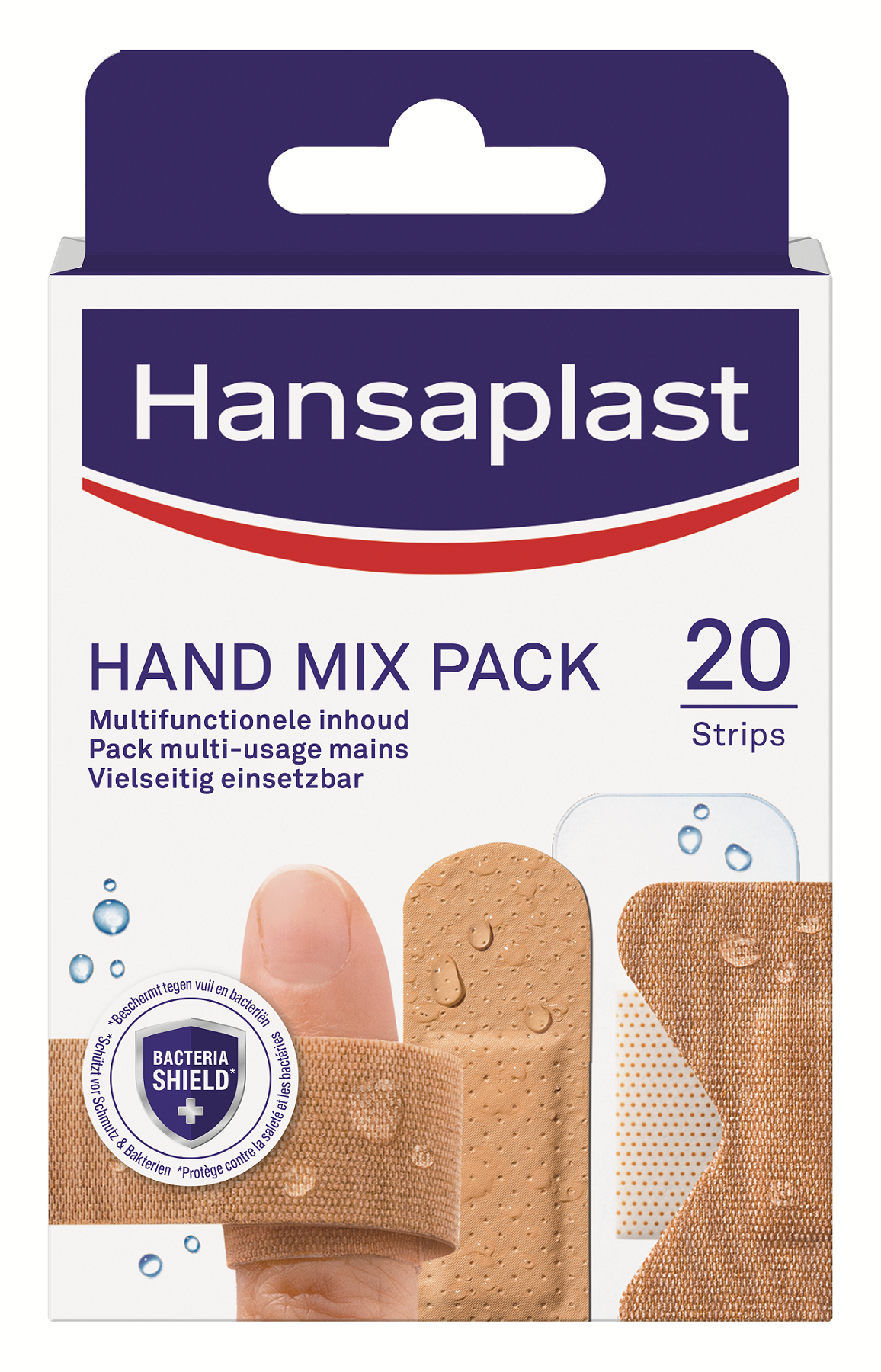 Hansaplast Hand mix pack of 20 adhesive bandages, featuring various sizes for minor cuts and injuries.