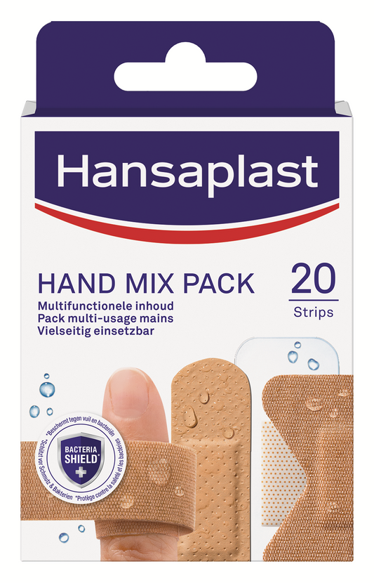 Hansaplast Hand mix pack of 20 adhesive bandages, featuring various sizes for minor cuts and injuries.