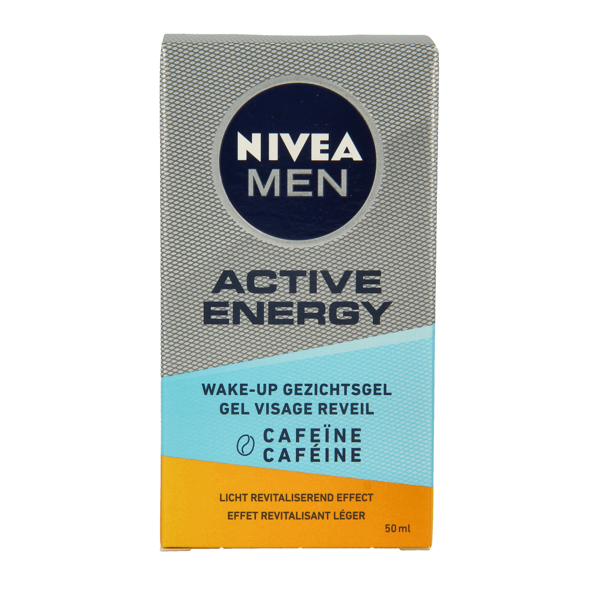 Nivea Men Active Energy face gel in 50ml tube, refreshing skincare product for a fresh look, part of Nivea men's facial care range.