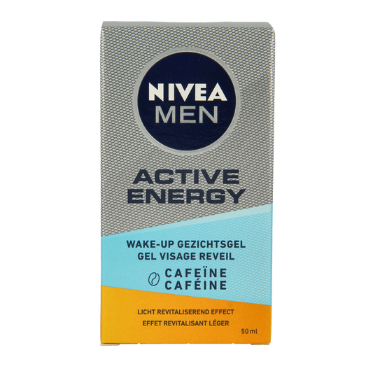 Nivea Men Active Energy face gel in 50ml tube, refreshing skincare product for a fresh look, part of Nivea men's facial care range.