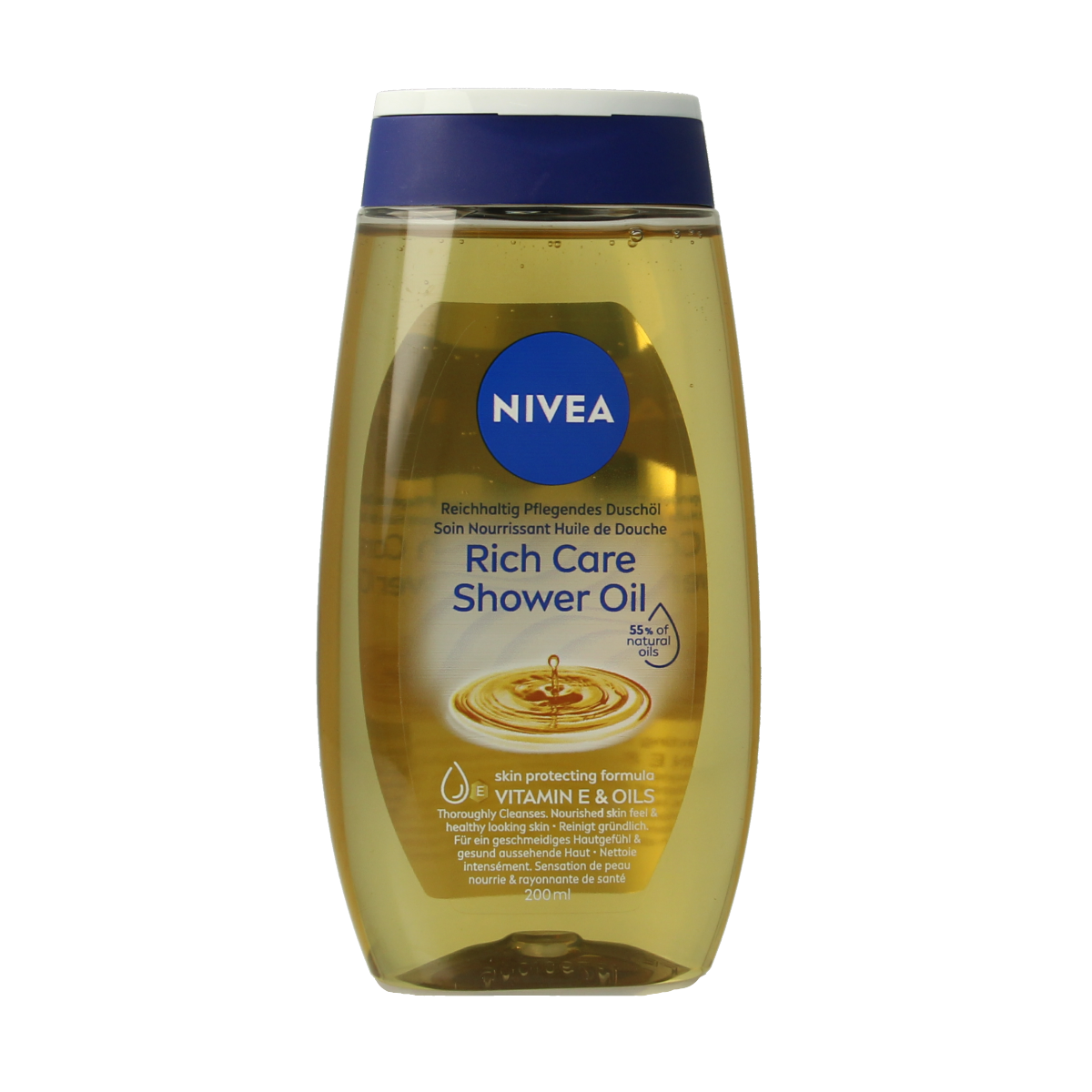 Nivea Natural douche olie verzorgend bottle, 200ml, a nourishing bath and shower oil with natural ingredients in a transparent bottle.