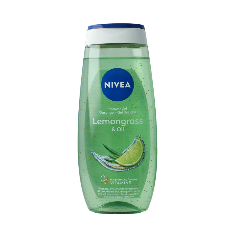 Nivea Lemongrass & Oil shower gel bottle, 250ml, featuring a white and green design with lemon and oil imagery.