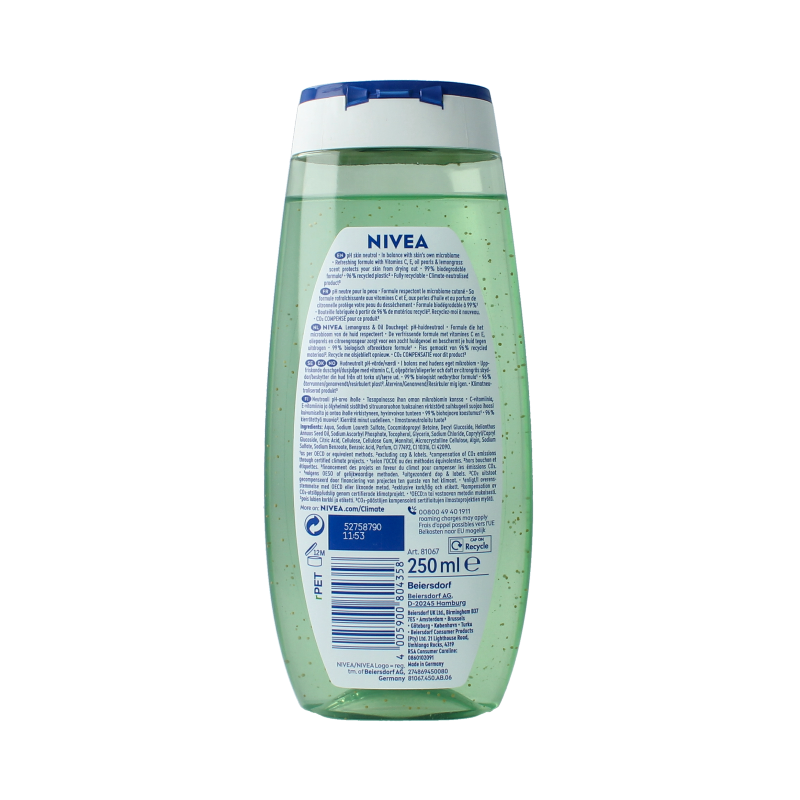 Nivea Lemongrass & Oil shower gel bottle, 250ml, with fresh lemongrass scent and nourishing oils for a refreshing shower experience.