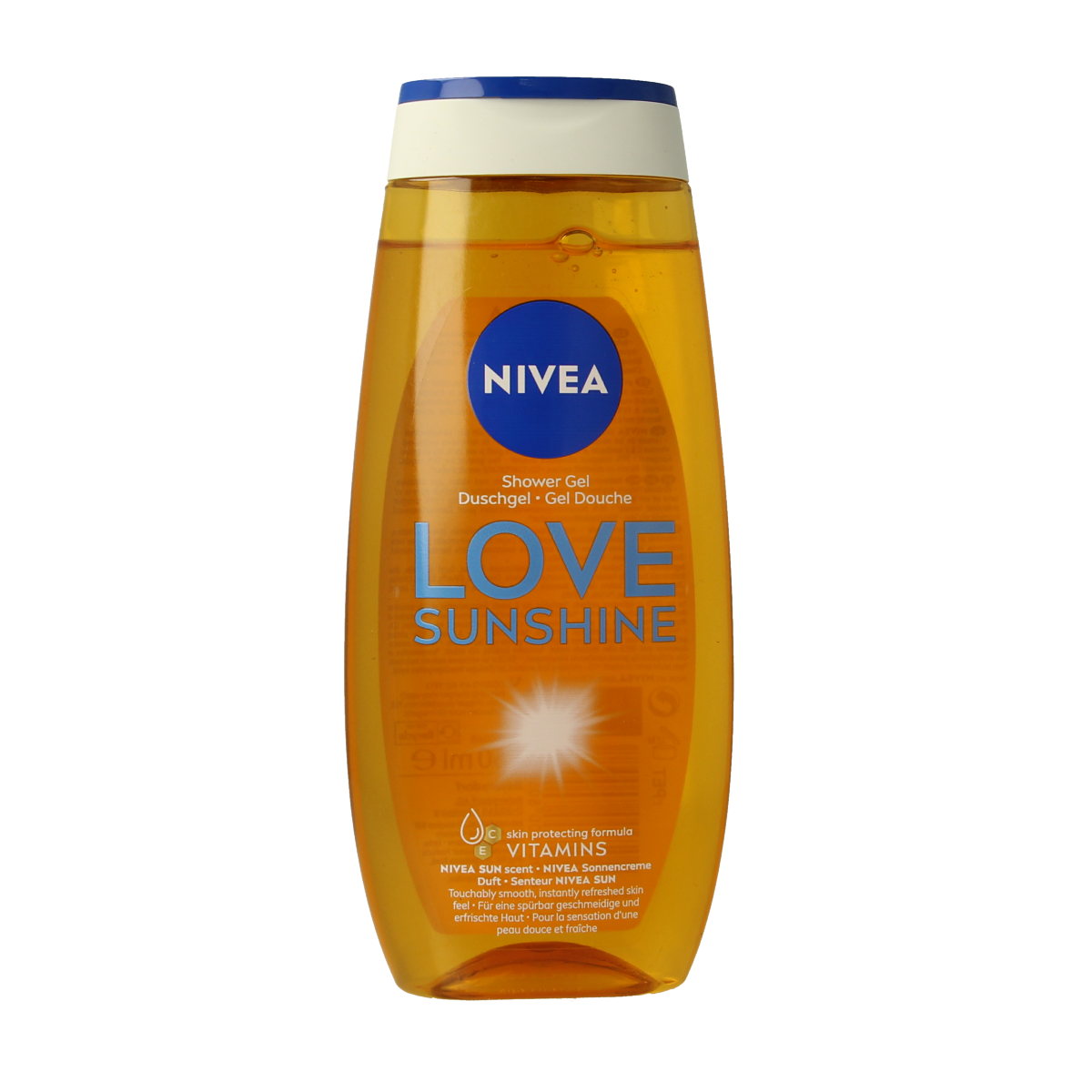 Nivea Douche Love Sunshine 250ml bottle with bright yellow and orange packaging, featuring a refreshing shower gel for daily use.