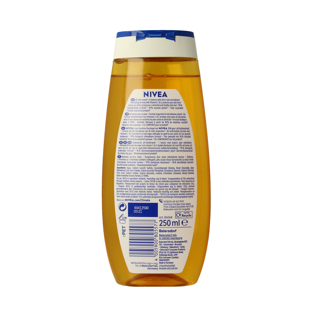 Nivea Douche Love Sunshine 250ml bottle featuring bright, sunny packaging for a refreshing shower experience