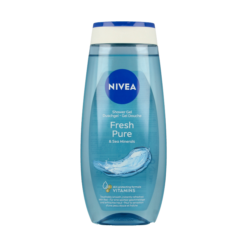 Nivea Fresh Pure shower gel in 250ml bottle, featuring clear liquid and blue label, suitable for refreshing daily cleansing.
