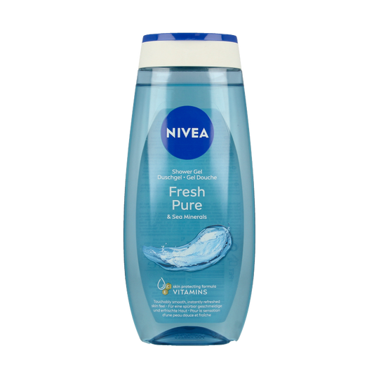 Nivea Fresh Pure shower gel in 250ml bottle, featuring clear liquid and blue label, suitable for refreshing daily cleansing.