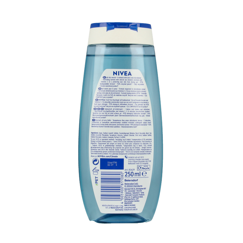 Nivea Fresh Pure shower gel in 250ml bottle, with white and blue packaging, for a refreshing cleansing experience.