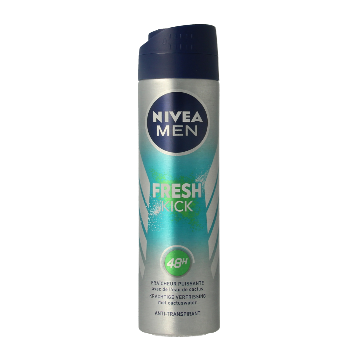 Nivea Men Fresh Kick deodorant spray 150ml, featuring a sleek blue bottle, designed for masculine fresh scent and long-lasting protection.