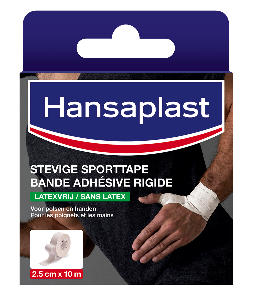 Hansaplast Sport tape small 2.5cm x 10m roll, athletic tape for sports injuries, with adhesive backing in the image.