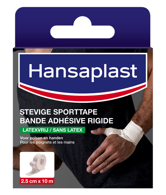 Hansaplast Sport tape small 2.5cm x 10m roll, athletic tape for sports injuries, with adhesive backing in the image.