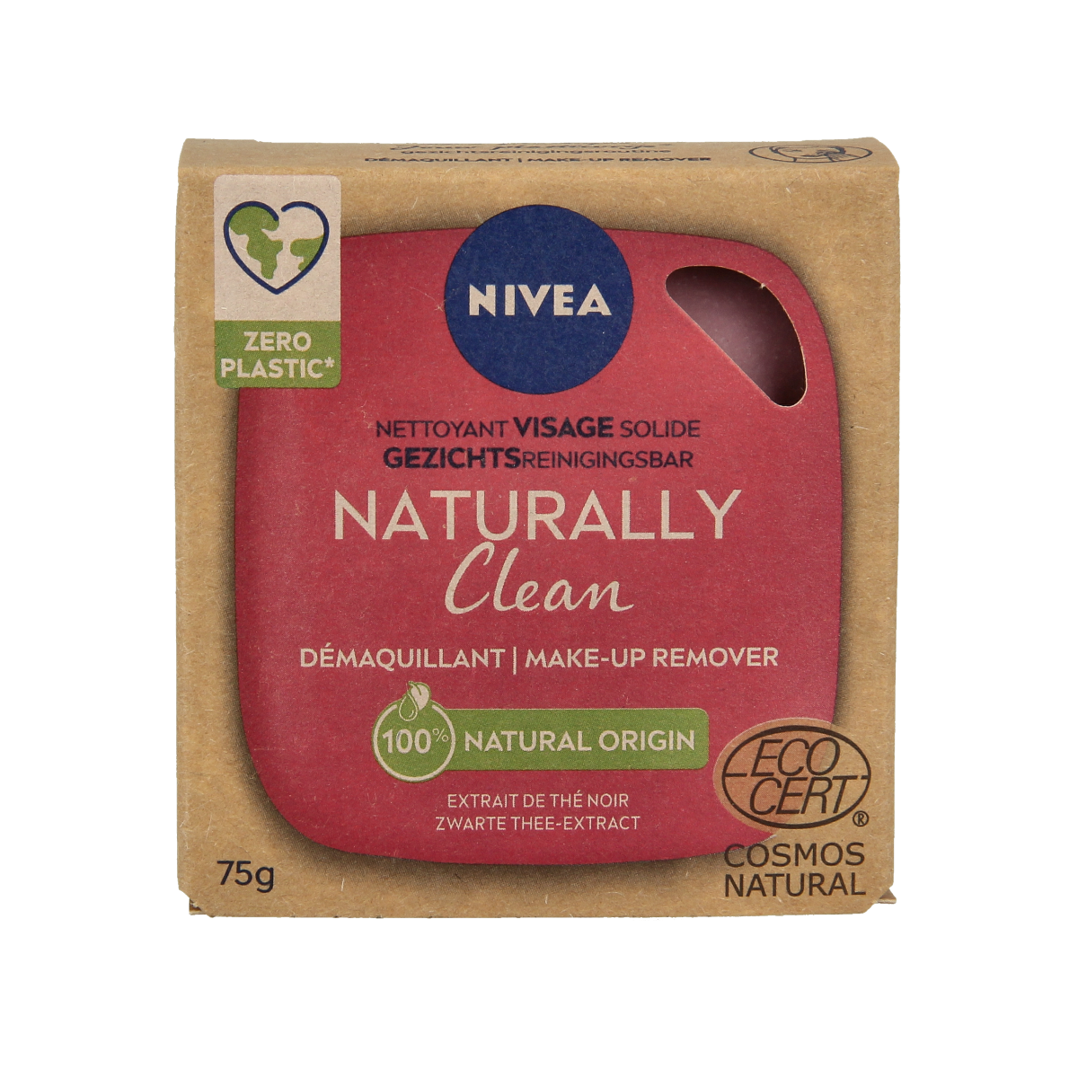 Nivea Naturally Clean makeup remover in 75g, gentle facial cleansing product with a white and blue packaging design.