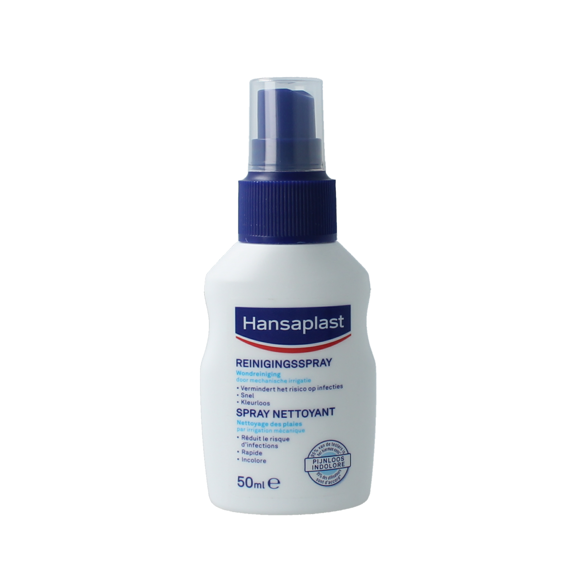 Hansaplast reinigingsspray 50ml with adhesive patches and tape for wound cleaning and skin care.