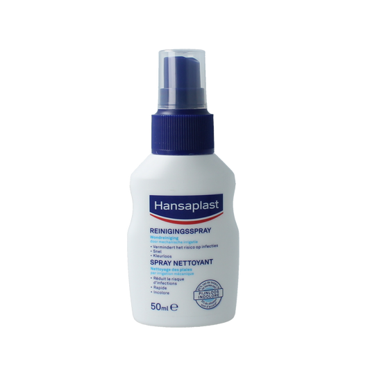 Hansaplast reinigingsspray 50ml with adhesive patches and tape for wound cleaning and skin care.