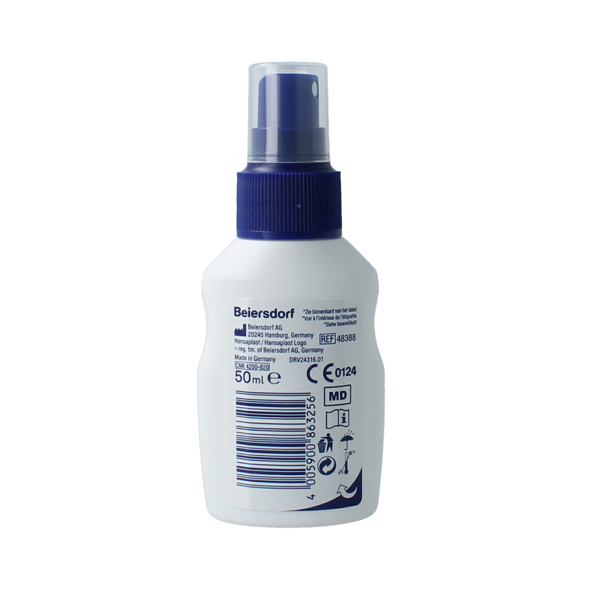 Hansaplast reinigingsspray 50ml with adhesive bandages and tape, shown in a clear bottle with a spray nozzle
