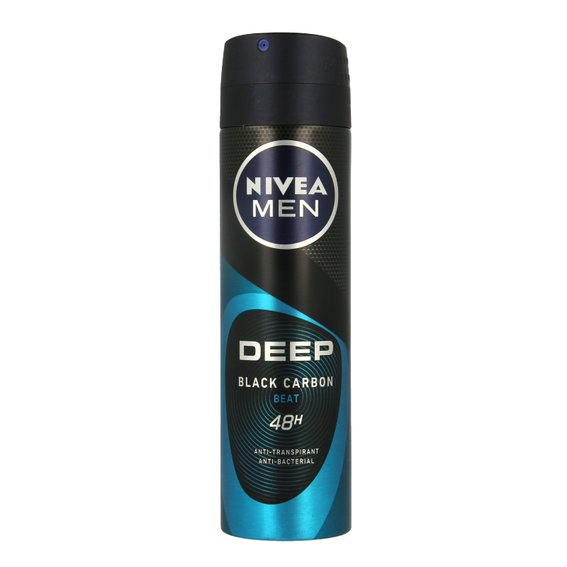 Nivea Men Deep Beat deodorant spray in a 150ml can with blue and silver design, shown upright on a white background.