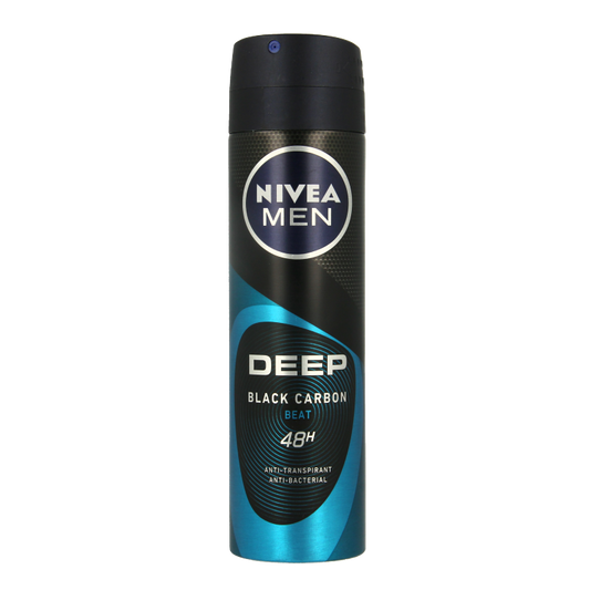 Nivea Men Deep Beat deodorant spray in a 150ml can with blue and silver design, shown upright on a white background.