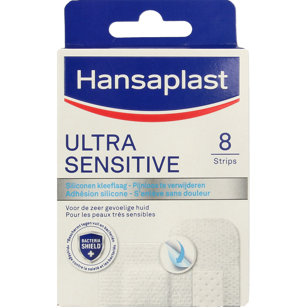 Hansaplast ultra sensitive plasters in a box, showing 8 sterile adhesive bandages for sensitive skin.