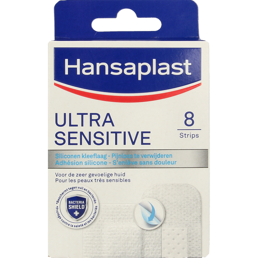Hansaplast ultra sensitive plasters in a box, showing 8 sterile adhesive bandages for sensitive skin.