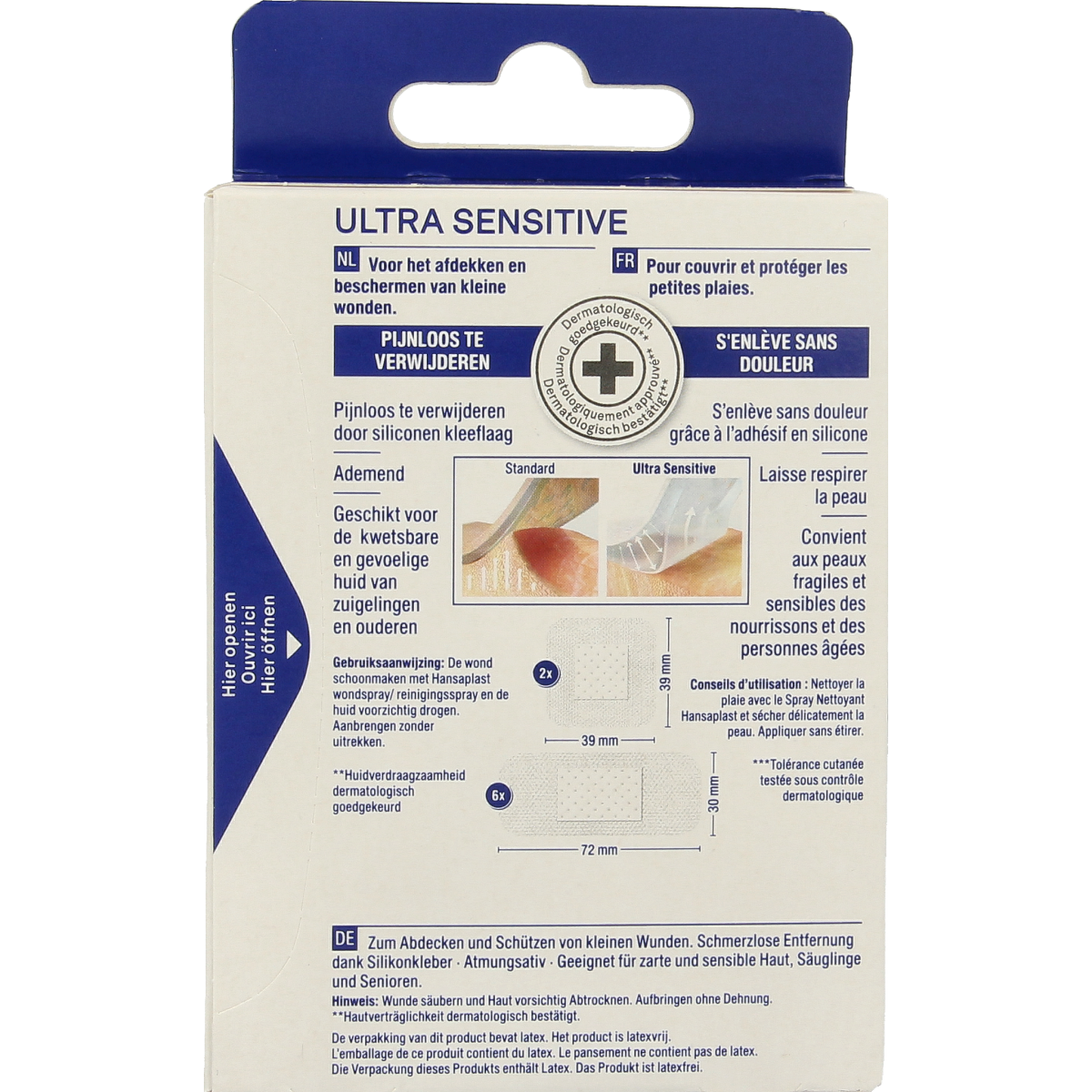 Hansaplast ultra sensitive adhesive plasters and tape, 8-pack, showing soft, skin-friendly bandages for minor cuts and wounds.