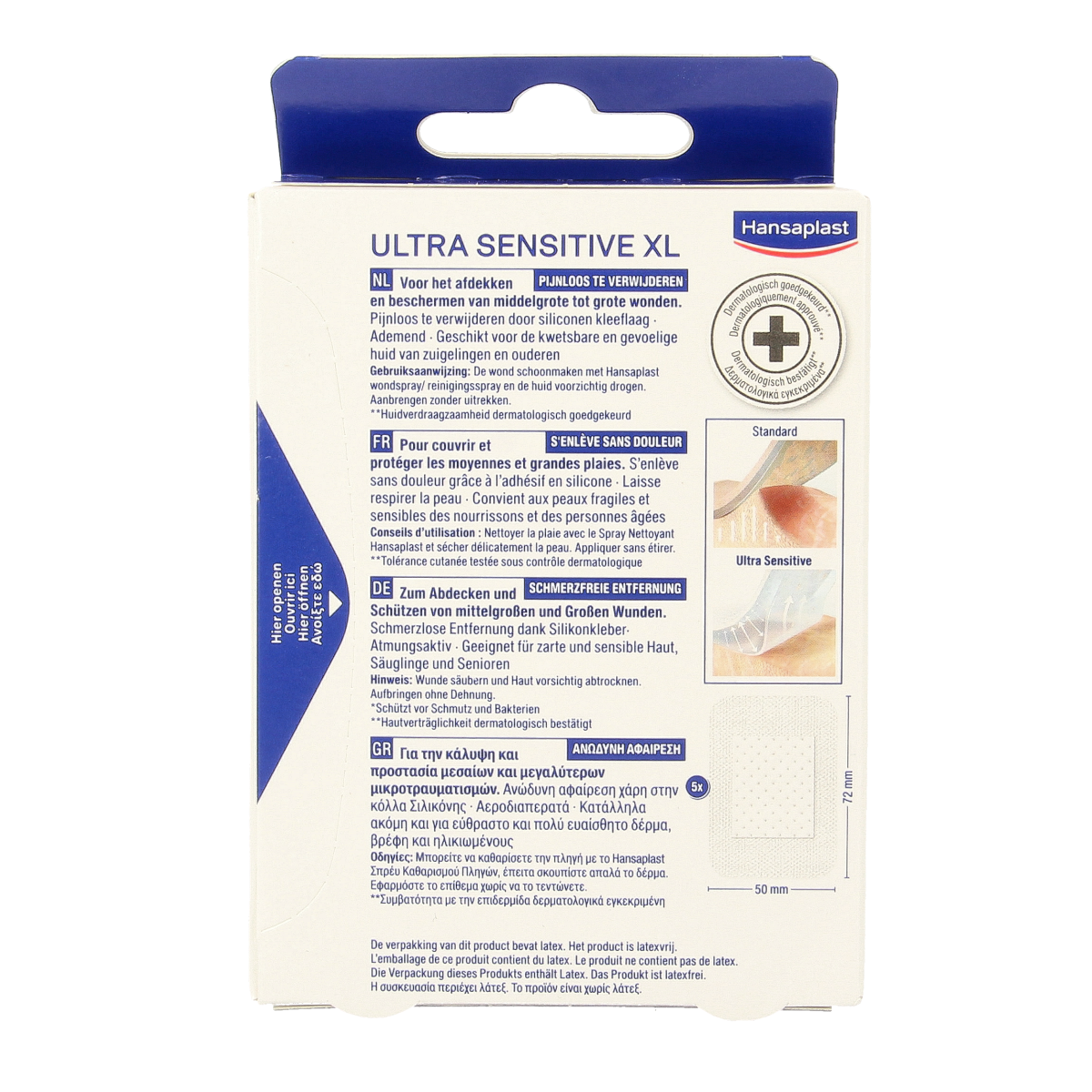 Hansaplast Ultra Sensitive XL plasters and tape pack with five large adhesive bandages for sensitive skin, shown in the image.
