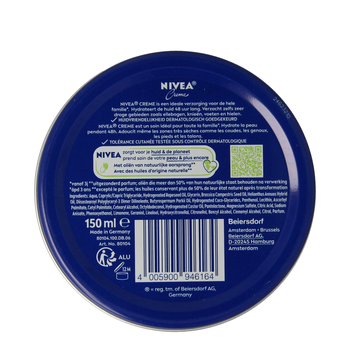 Nivea Creme 150ml jar, Nivea body moisturizer for soft skin, displayed in a white plastic container with a blue lid.