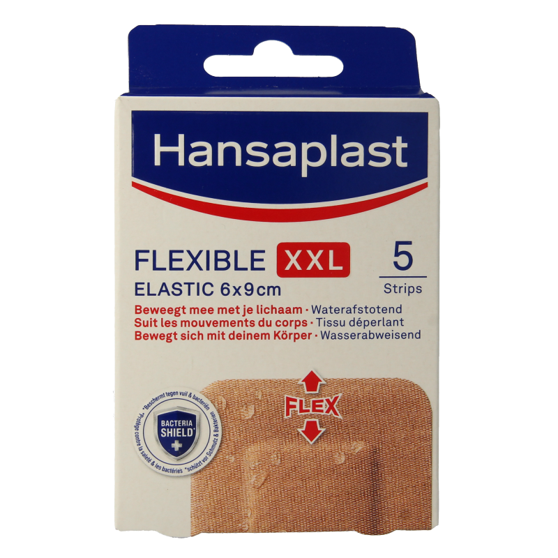 Hansaplast Flexible XXL bandages in 6x9cm pack, 5 antiseptic plasters and tape for wound care and protection.