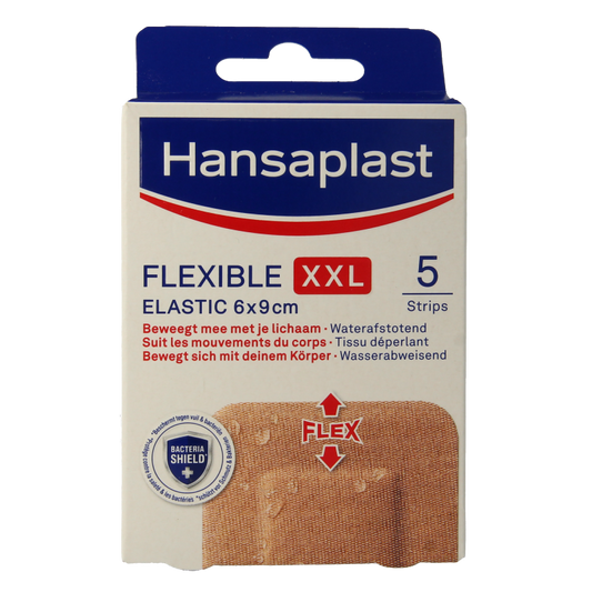 Hansaplast Flexible XXL bandages in 6x9cm pack, 5 antiseptic plasters and tape for wound care and protection.