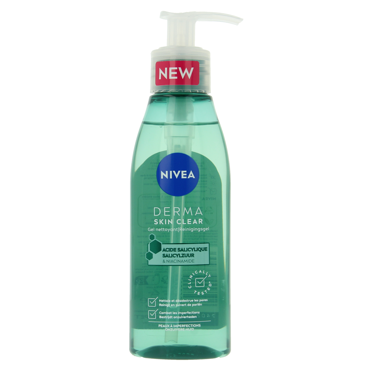 Nivea Derma Skin Clear Wash Gel in 150ml, facial cleansing gel with gentle skincare formula, shown in a transparent bottle.