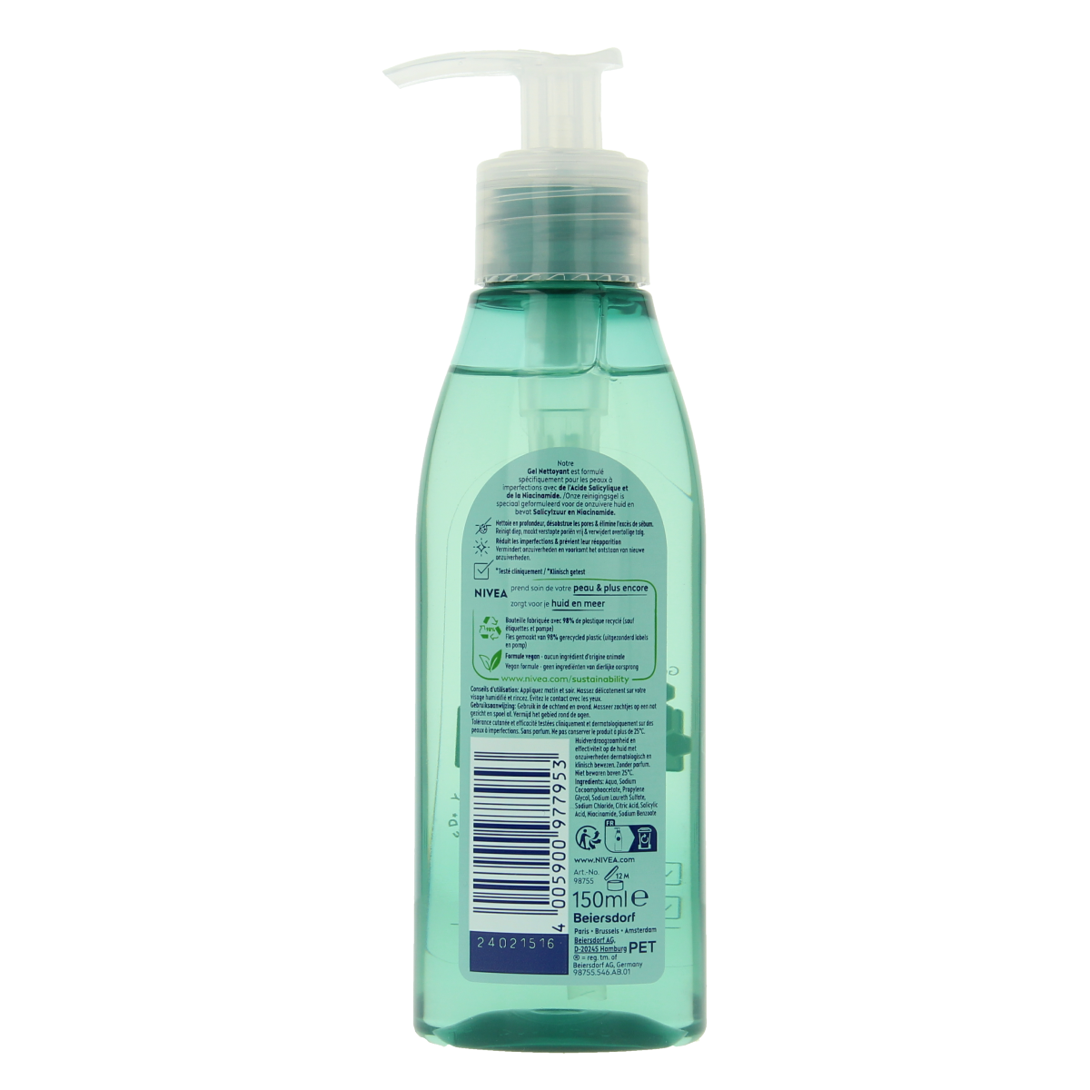 Nivea Derma Skin Clear Wash Gel in 150ml bottle, facial cleansing gel for clear and refreshed skin.