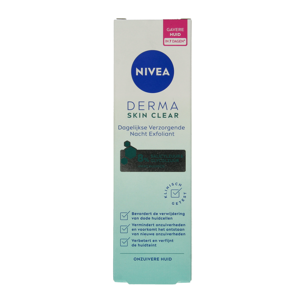 Nivea Derma Skin Clear Night face cream in 40ml jar, facial skincare product with a white and blue packaging design.